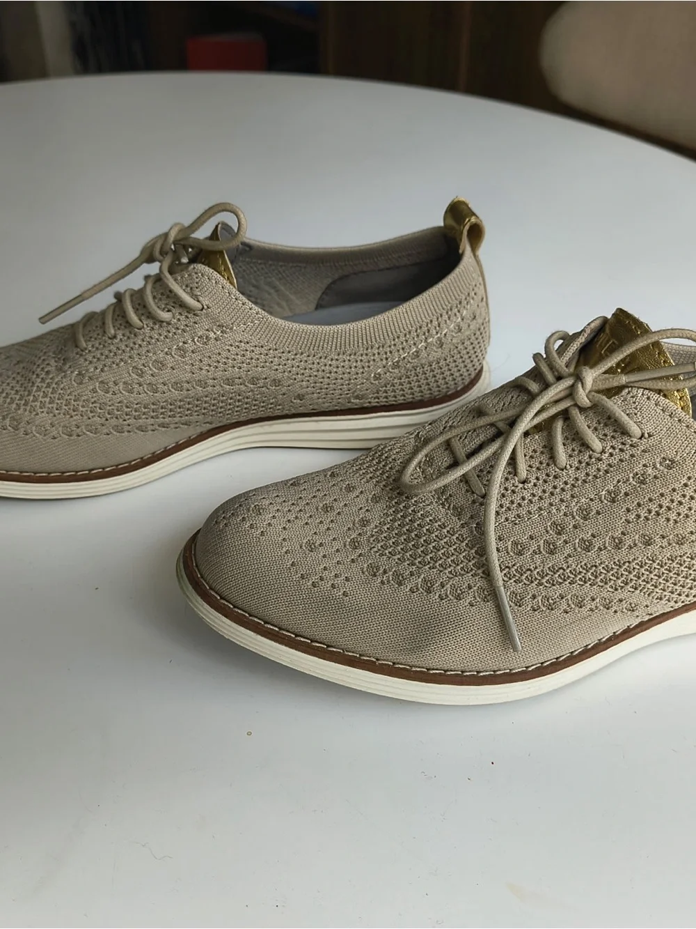 Cole Haan Beige Knit Lace-Up Oxfords with Gold Accent